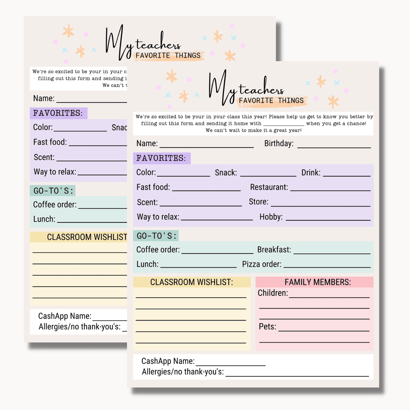 Teacher questionnaire for gifts printable