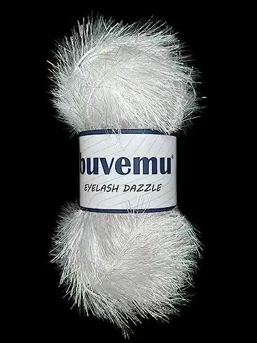 Buvemu Eyelash Dazzle Fun Fur Yarn with Metallic Sparkle 100 Gram (3.53 Ounces) 120 Yards (110 Meters) (White - Iridescent)