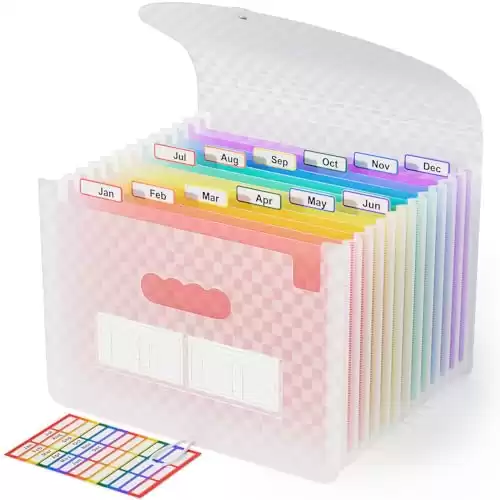 ABC life 12 Pockets Accordion File Organizer Expanding File Folders, Portable Monthly Bill Receipt Document Organizer, Expandable Accordian Filing Folder Letter A4 Size, Colored Tabs (Pink)