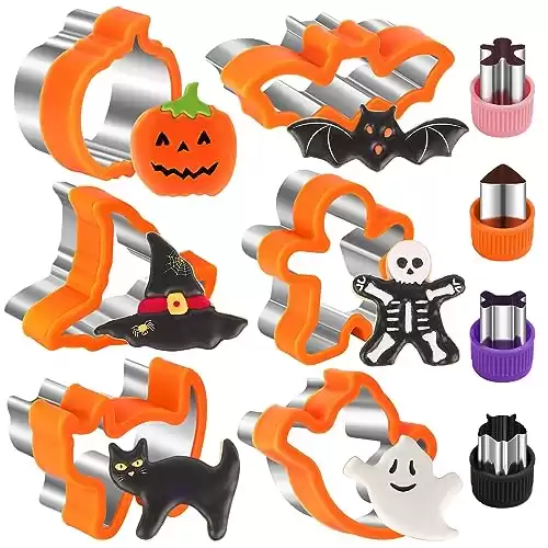 NPET 10Pcs Halloween Cookie Cutters for Kids Lunch, DIY Uncrustable Halloween Kids Lunch Sandwich Cutters Peanut Butter & Jelly Halloween Cookie Cutter Gifts Press for Kids Boys Girls Orange