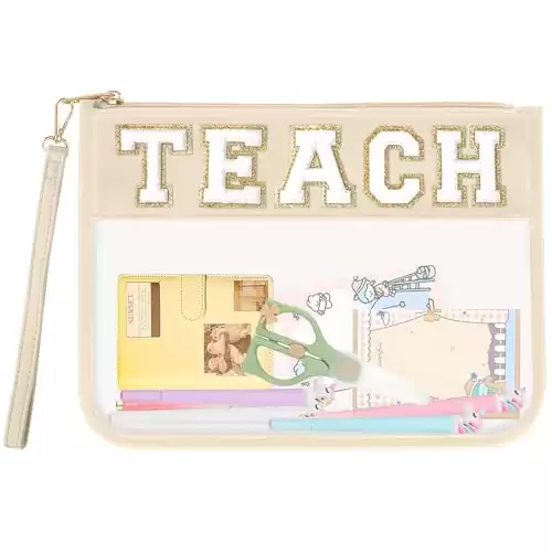 Teacher Appreciation Gifts TEACH Chenille Letter Clear Makeup Bag Pouch, Monogram PVC Clear Zipper Pouch with Wristlet Travel Cosmetic Bag Graduation Retirement Teacher Gifts for Women(TEACH-Beige)