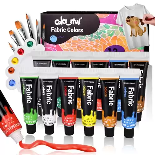 Colorful Fabric Paint Set for Clothes with 6 Brushes, 1 Palette, 12 Colors - Permanent Textile Paint Puffy Paint Kit for Shoes, Canvas - Non-Toxic Slick Painting Set for Adults, Beginner & Artists